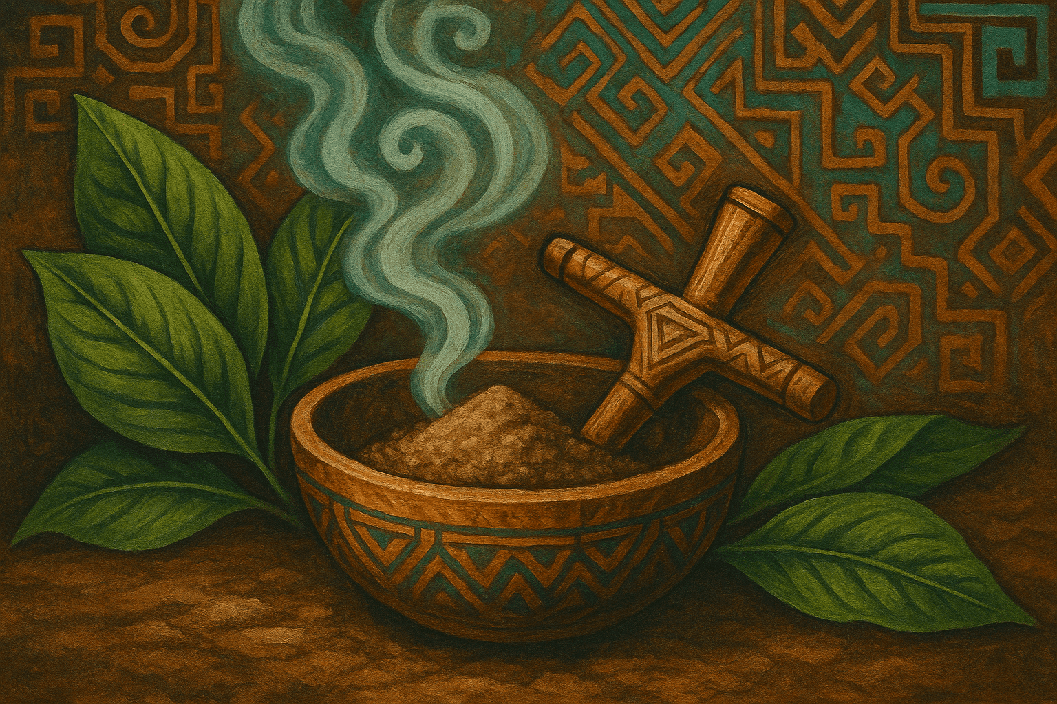 cuenco de rapé yushibu con kuripe y hojas, humo sagrado y fondo tribal amazónico en tonos tierra y turquesa