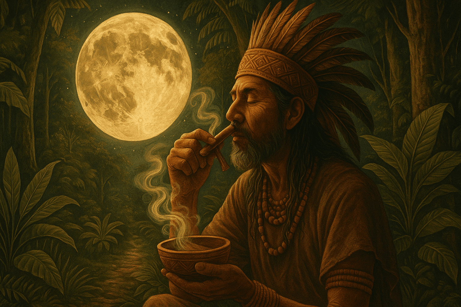Chamán amazónico soplando rapé bajo la luna llena en un ritual espiritual de limpieza e intuición