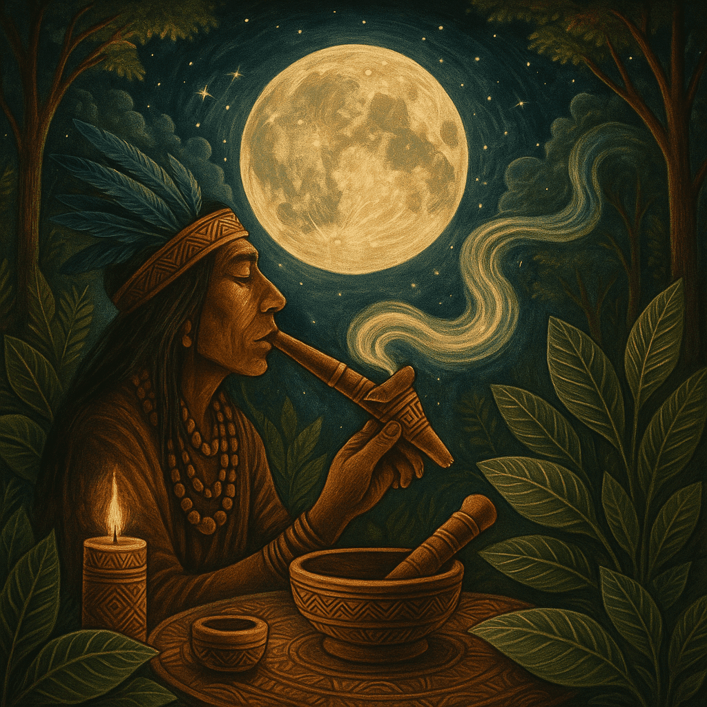 Chamán amazónico usando rapé en ritual de luna llena para potenciar la intuición y la limpieza energética