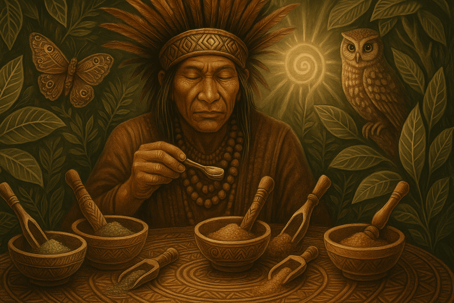 Chamán amazónico eligiendo entre diferentes tipos de Rapé según su necesidad espiritual, rodeado de plantas y animales guía