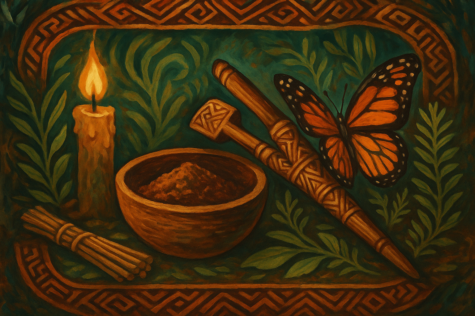 Ilustración tribal amazónica que representa el espíritu de transformación del rapé Borboleta da Majé, con símbolos de conexión espiritual y mariposas en movimiento.