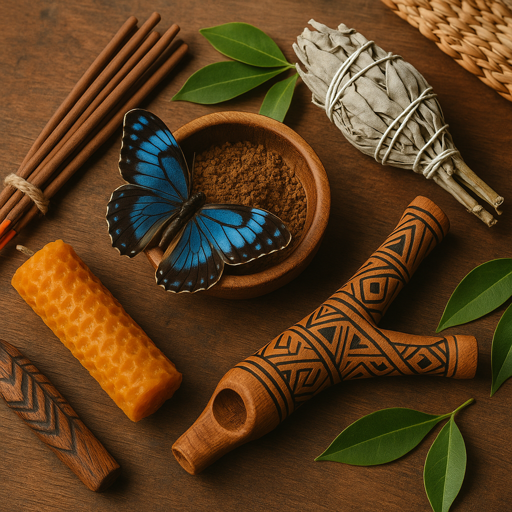 Ceremonial Hapé Borboleta da Majé tools with sacred butterfly symbolism