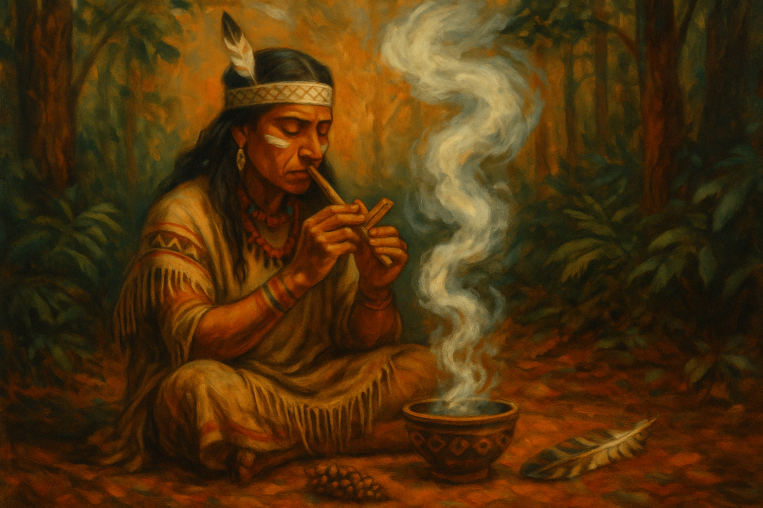 Persona usando un kuripé en un ritual de Rapé, rodeada de humo y elementos chamánicos
