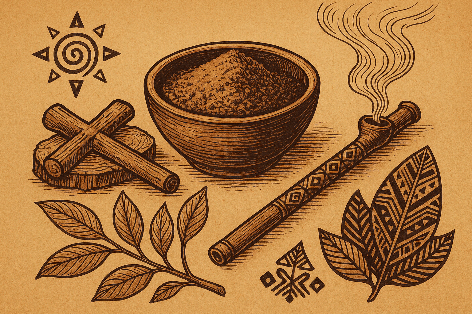 Ilustración tribal amazónica con rapé Cumaru en un cuenco ritual rodeado de elementos naturales, representando el poder sanador del rapé Cumaru.