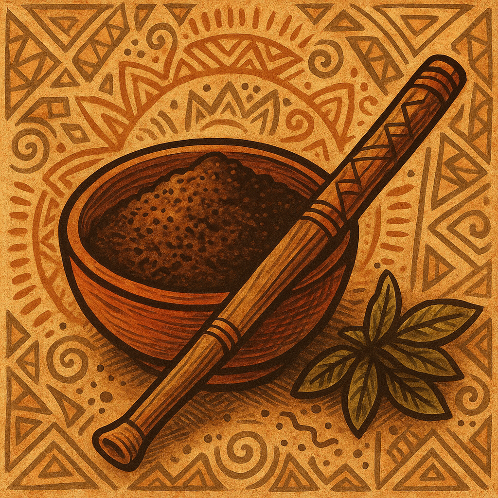 Hapé Cumaru in a sacred bowl surrounded by Amazonian leaves and tribal tools, symbolizing its use for meditation and respiratory healing