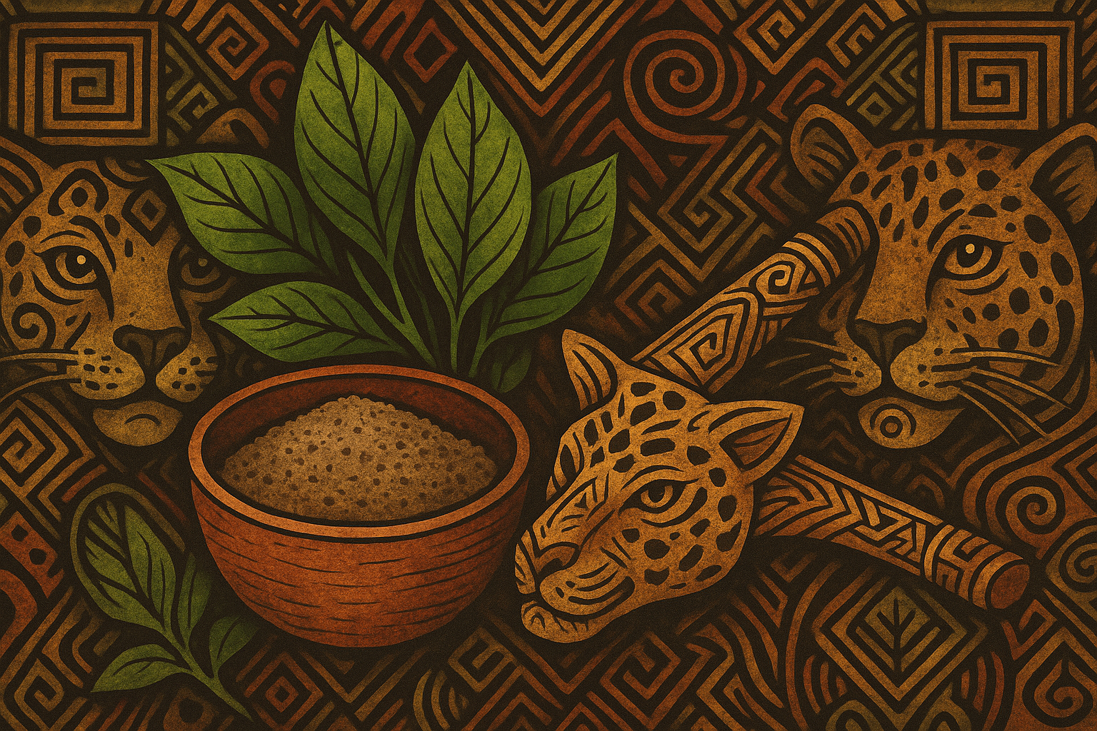 rapé cura do pajé en cuenco con hojas sagradas, kuripe y jaguares en fondo tribal amazónico con simbolismo de sanación y fuerza