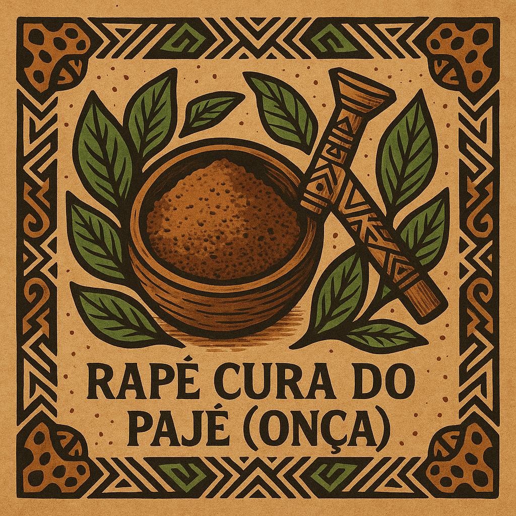 bowl of Shaman’s Cure hapé snuff with carved kuripe, surrounded by green leaves and tribal Amazonian patterns evoking jaguar energy