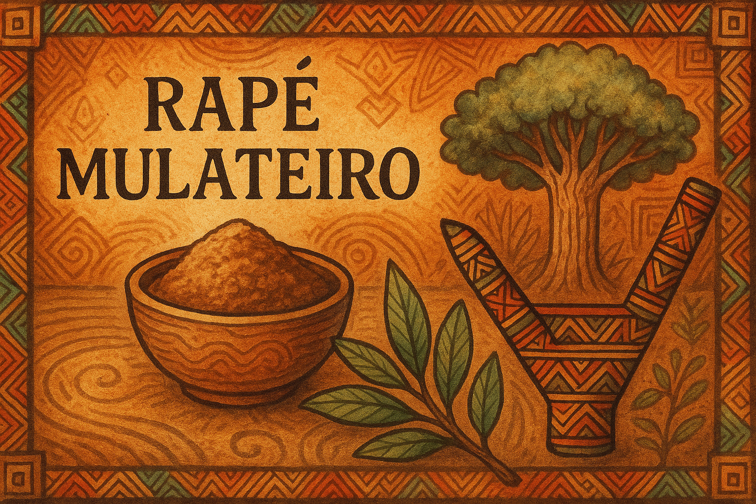 rapé mulateiro en cuenco ritual con kuripe, árbol amazónico y hoja medicinal, estilo tribal amazónico
