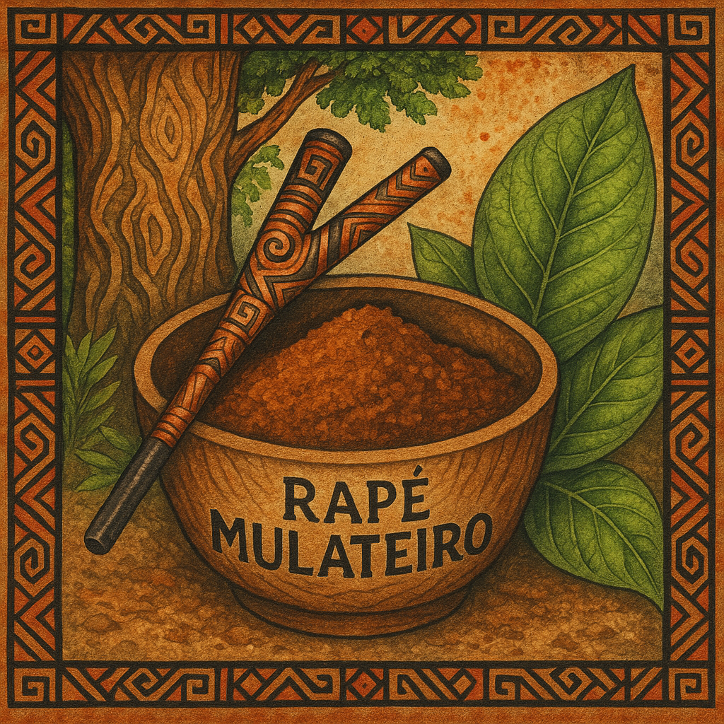 ritual bowl with hapé mulateiro and kuripe on Amazonian earth, surrounded by leaves and tribal patterns