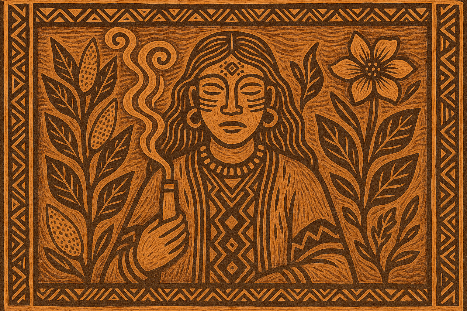 Ilustración horizontal con estilo amazónico tribal mostrando el rapé mulungu en un entorno ceremonial, evocando su energía relajante y purificadora.