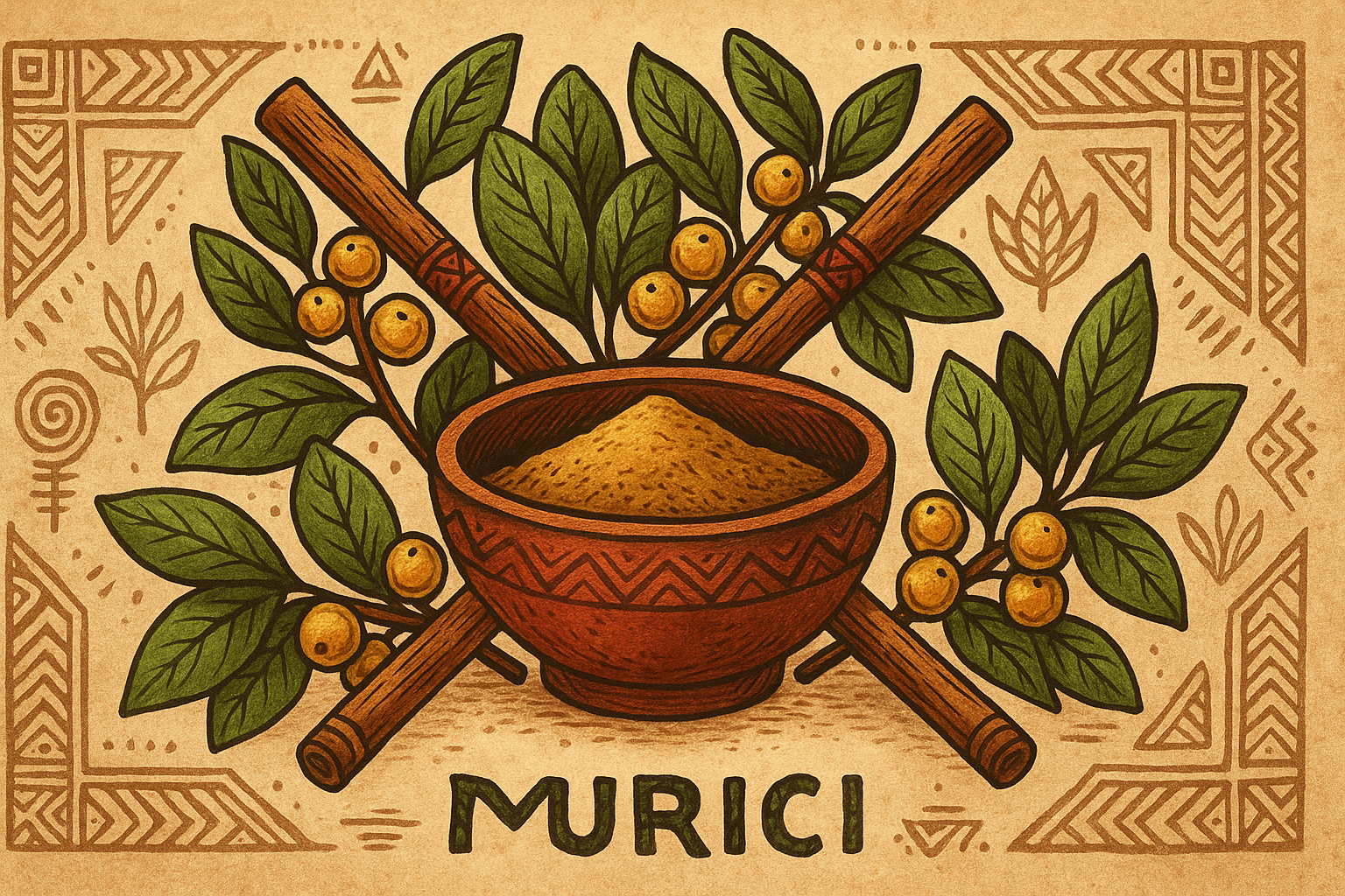 Ilustración tribal amazónica representando la energía del Rapé Murici, con conexión a la tierra y elementos curativos tradicionales.