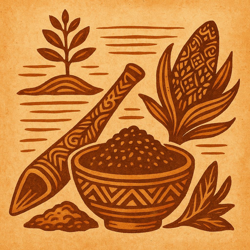 A tribal-style Amazonian illustration of Hapé Murici in a sacred bowl with medicinal leaves and ceremonial tools, symbolizing grounding and healing.