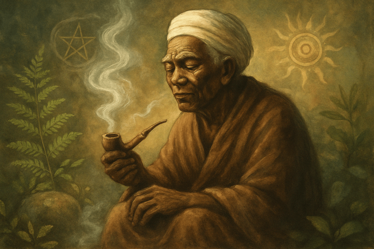 Preto Velho fumando pipa en la selva, representando la energía del Rapé Seu Zé para calmar la mente y conectar con la sabiduría ancestral.
