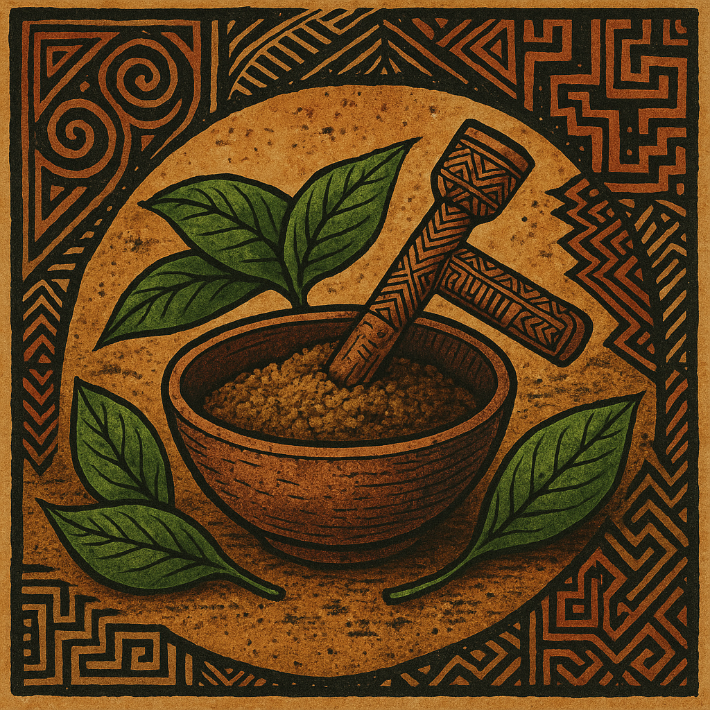 ritual bowl with Shaman’s Vein hapé snuff and carved kuripe, surrounded by sacred Amazonian leaves and tribal patterns
