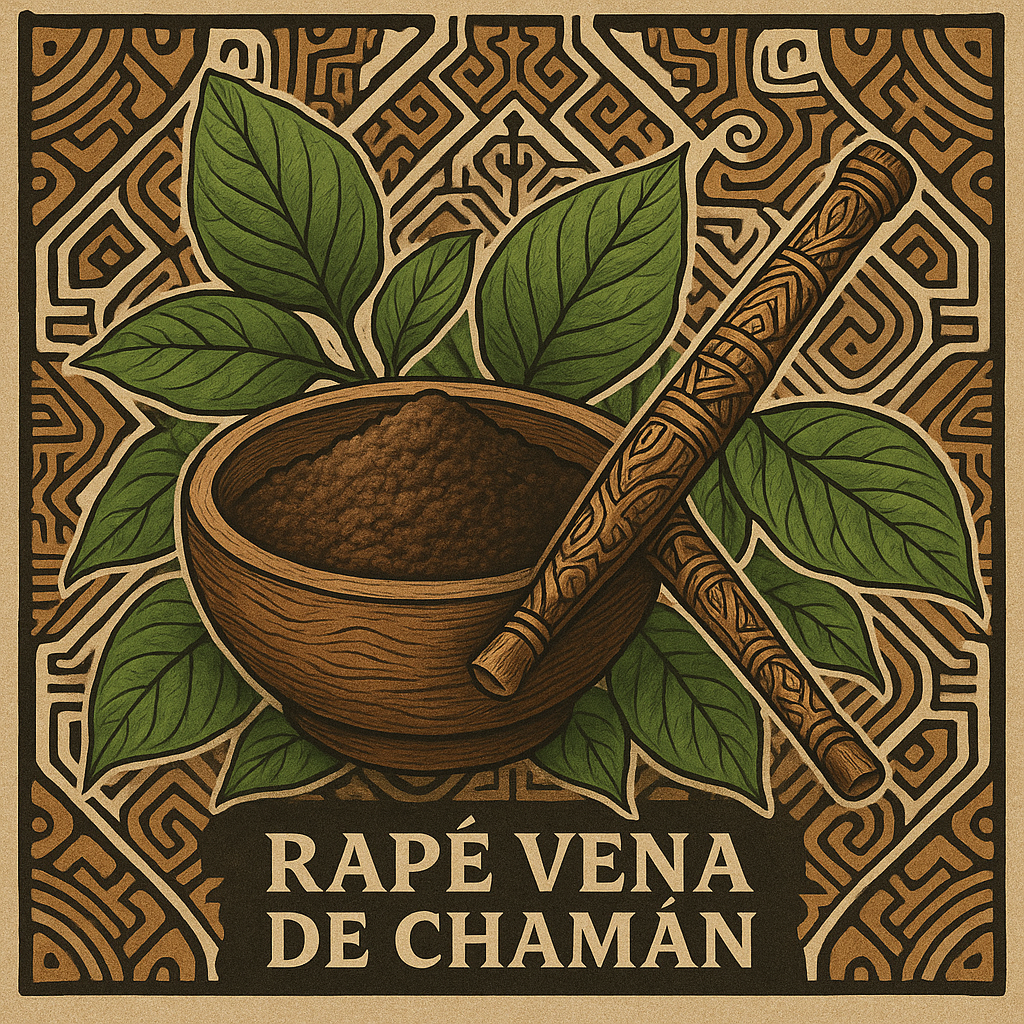 wooden bowl filled with finely ground Shaman’s Vein hapé snuff and Y-shaped kuripe, encircled by green leaves and tribal Amazonian designs