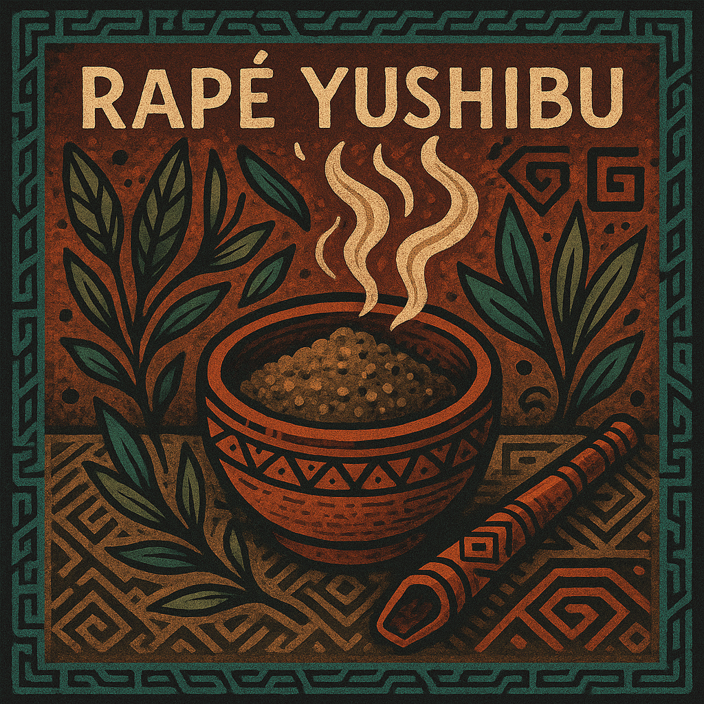 cuenco de rapé yushibu con kuripe y hojas sagradas, humo ceremonial y fondo tribal amazónico en tonos tierra y turquesa