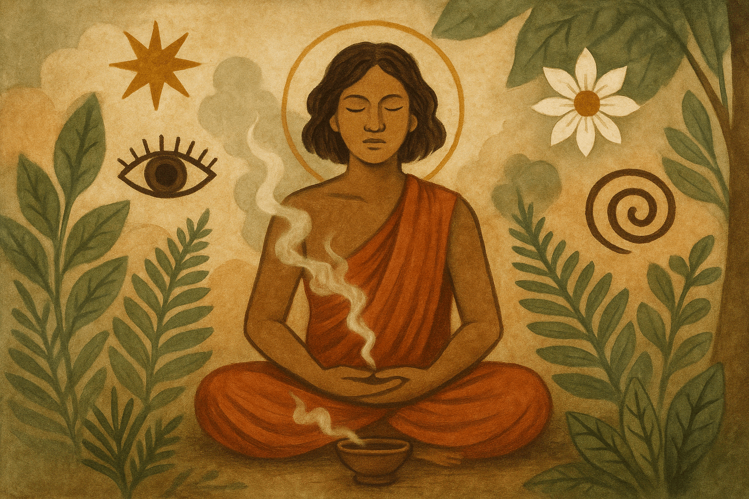 Persona en meditación rodeada de elementos sagrados en la selva – una escena visual que ayuda a comprender cómo saber si un rapé es auténtico.