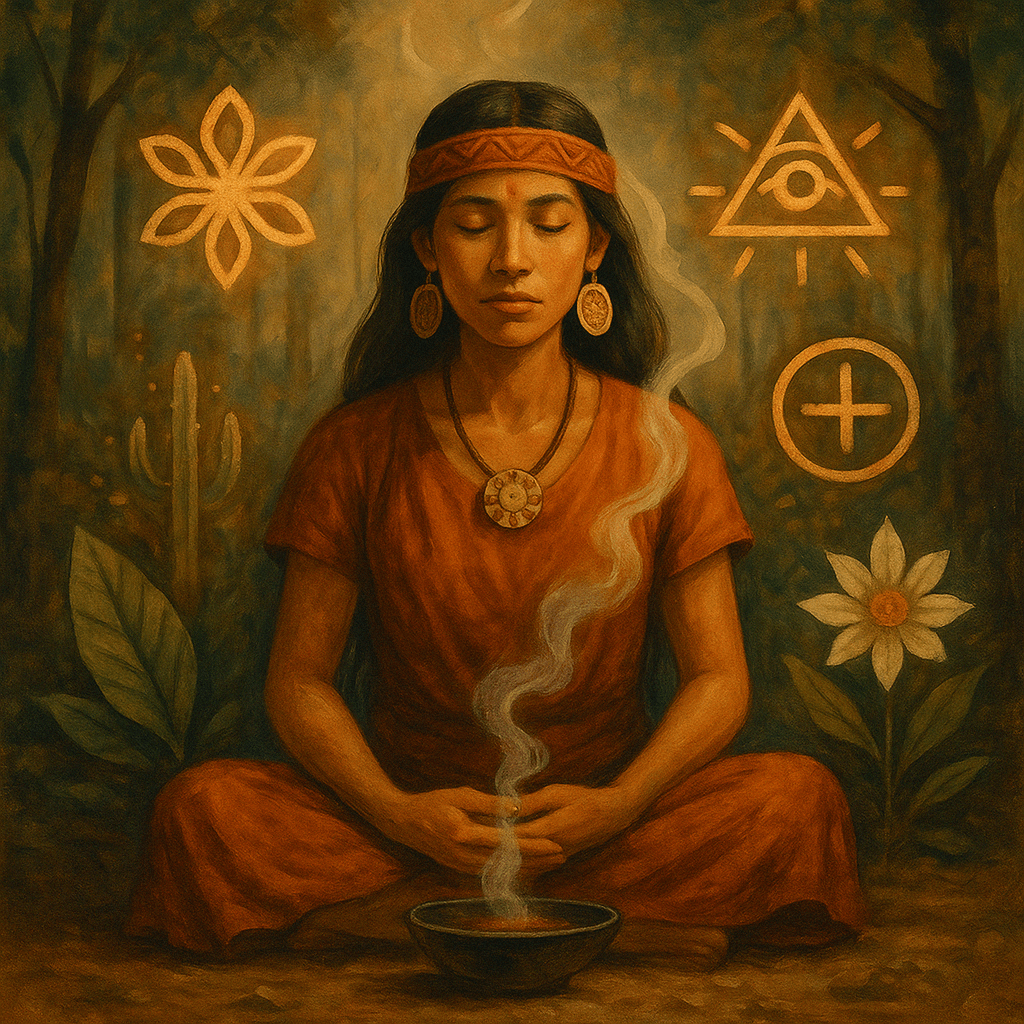 Ilustración simbólica que representa la conexión espiritual y los rituales ancestrales, perfecta para acompañar un artículo sobre dónde comprar Rapé.