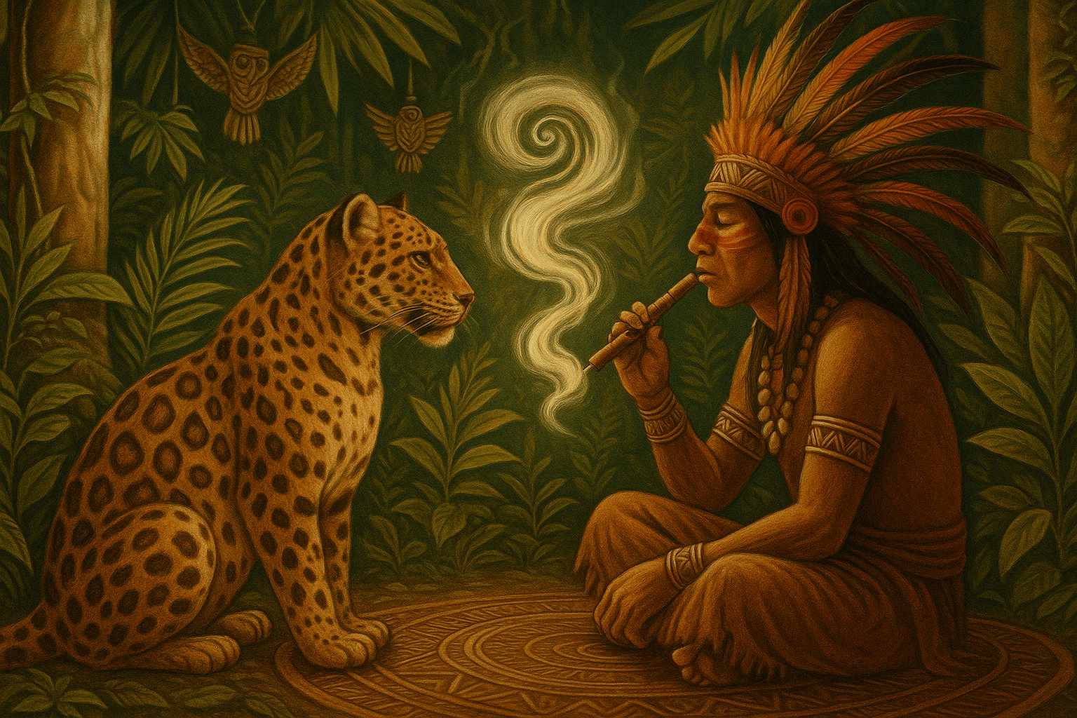 Chamán amazónico recibiendo rapé en la selva, rodeado de animales de poder manifestándose en forma espiritual luminosa