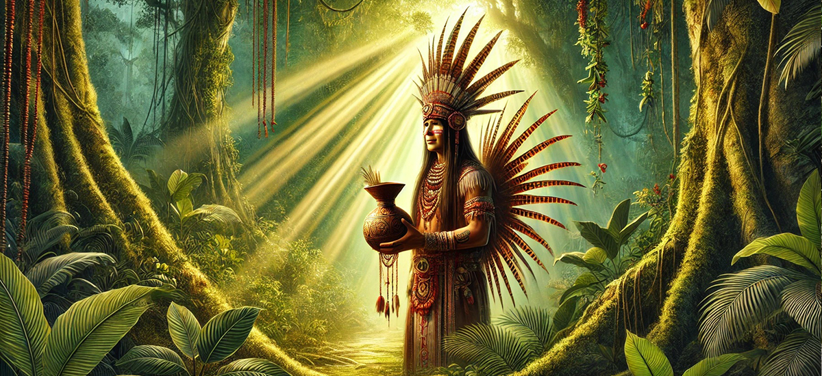 Chamán pajé sosteniendo vasija de Rapé amazónico