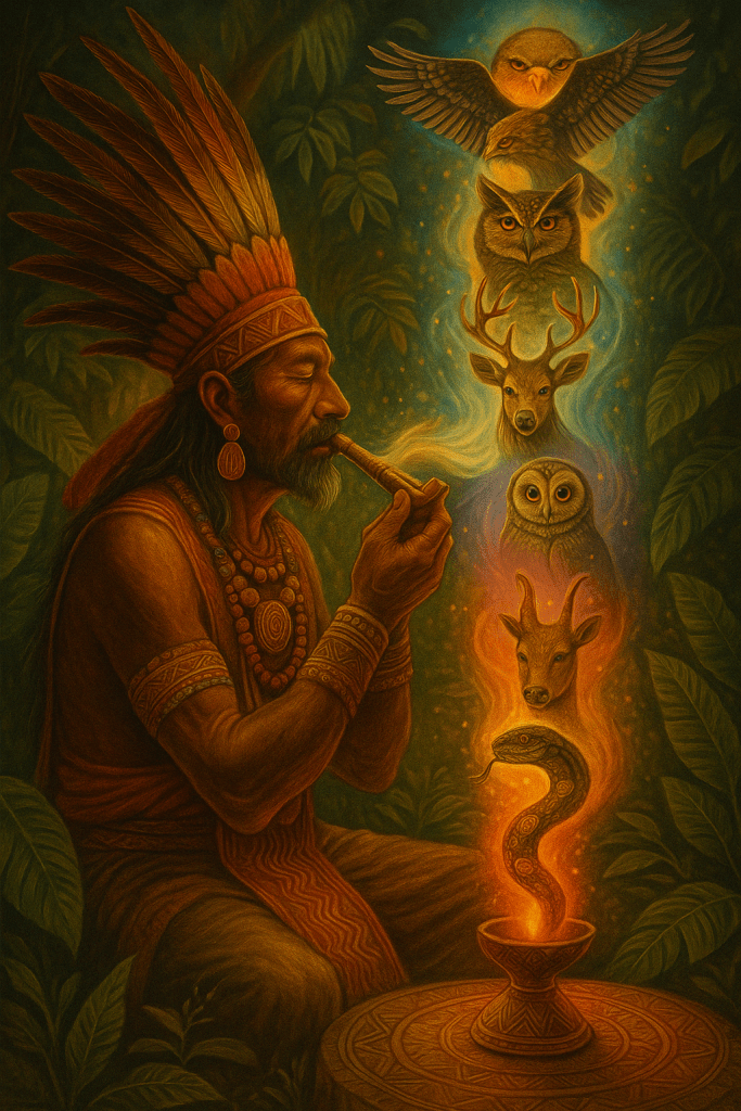 Kuripe on a ceremonial altar surrounded by animal symbols representing spiritual connection through rapé