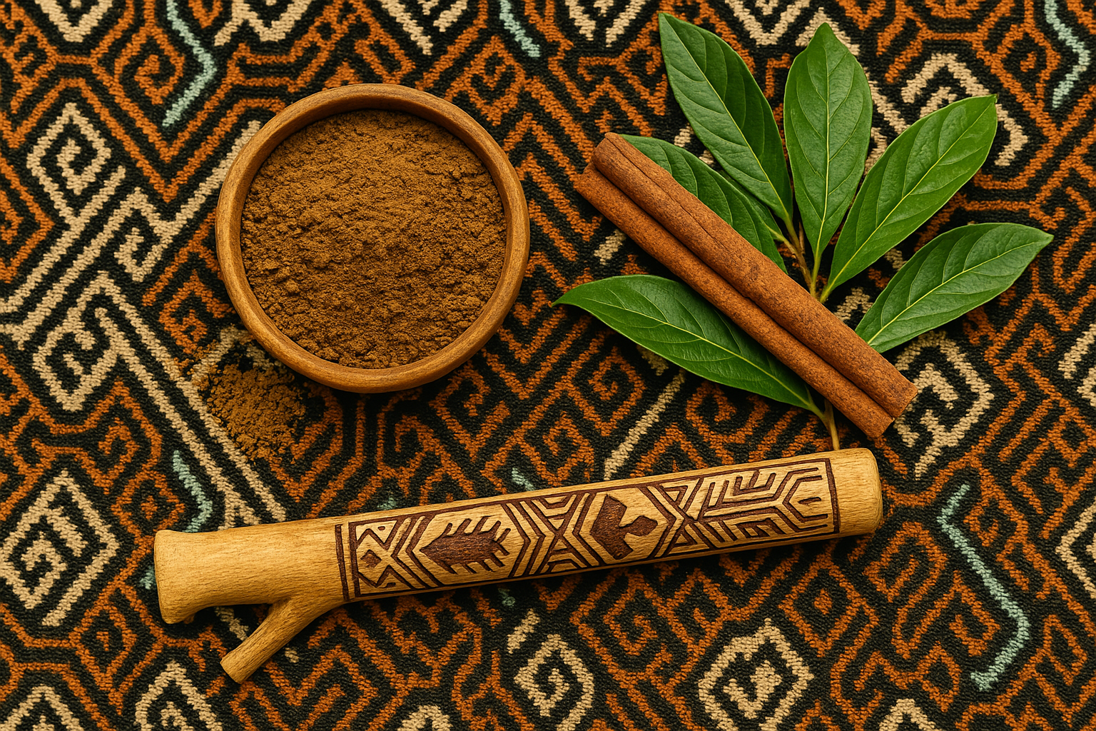 Rapé Canela de Velho con canela, hojas y kuripe sobre tejido tribal amazónico