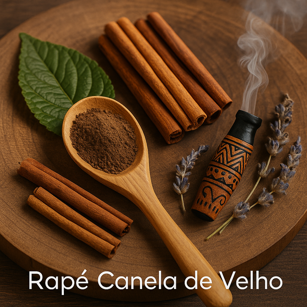 Hapé Canela de Velho in a sacred bowl with tribal tools and Amazonian herbs, used for spiritual grounding