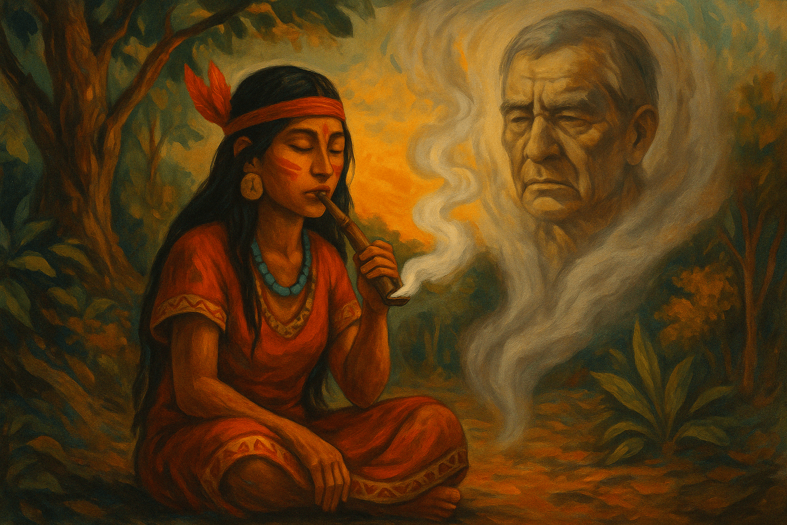 Persona meditando con Rapé frente a una foto de su padre, en un entorno espiritual y ancestral