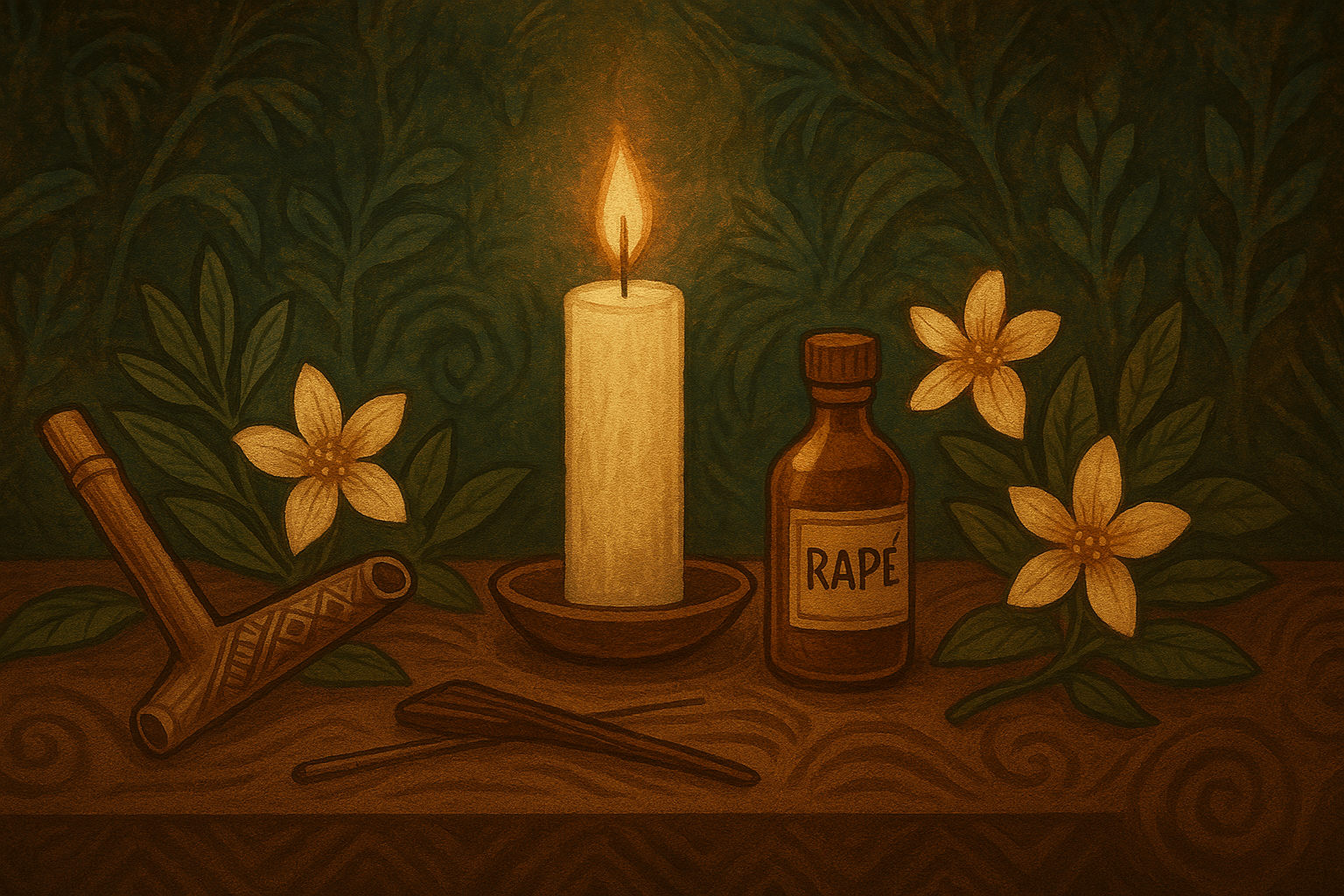 Ritual espiritual de Umbanda con elementos amazónicos y rapé sobre altar con vela y flores