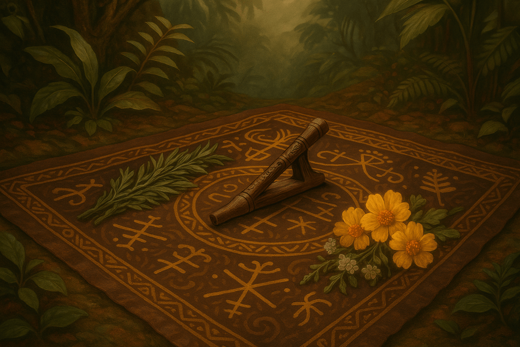 hapé snuff in Spiritual Paths. Kuripe and rapé bottle placed on ritual cloth with Afro-Brazilian spiritual symbols and green leaves