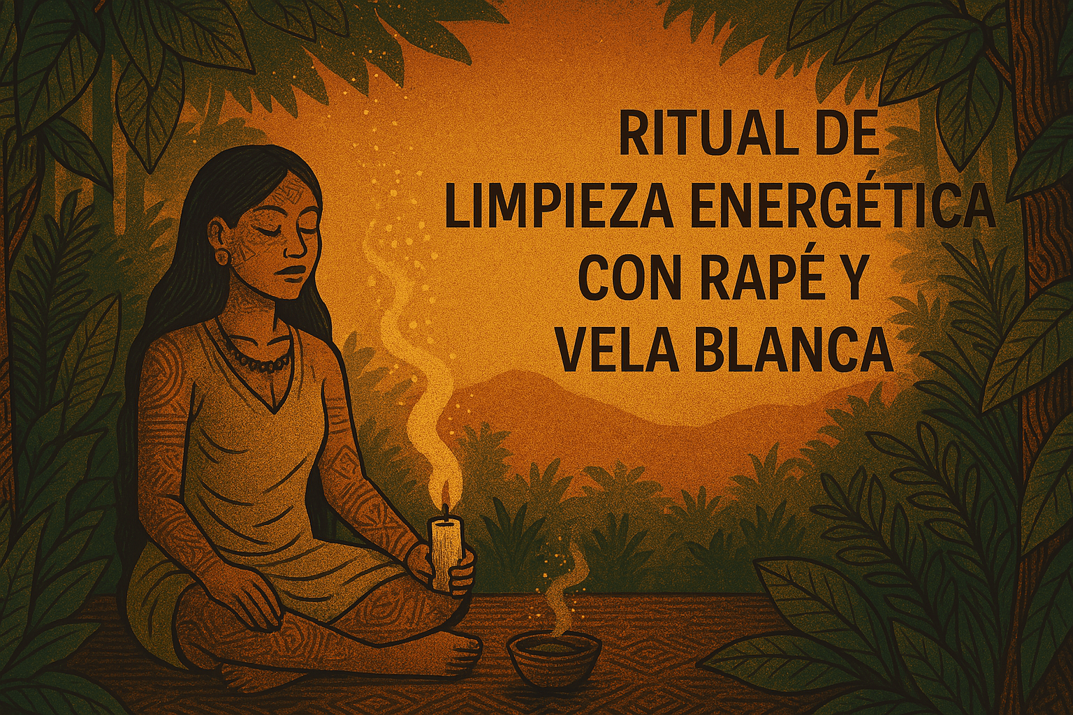 Ritual de limpieza energética con rapé en la selva con vela blanca encendida