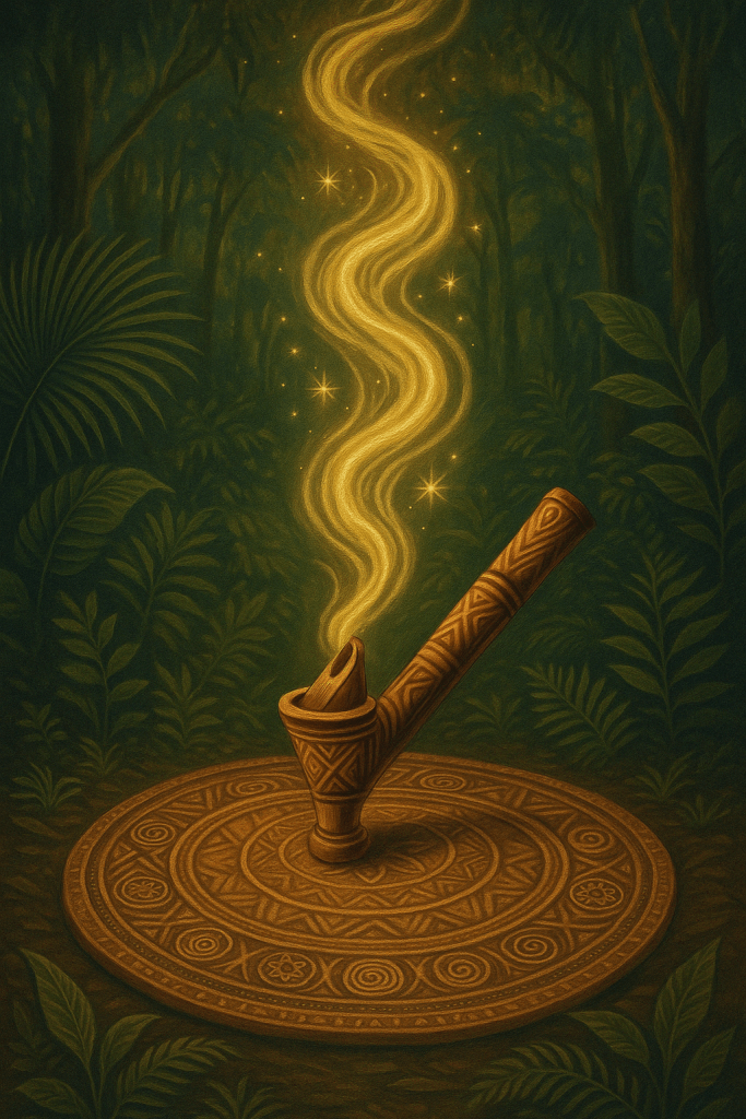 Kuripe ceremonial sobre mandala de chacras emitiendo luz sagrada en la selva amazónica