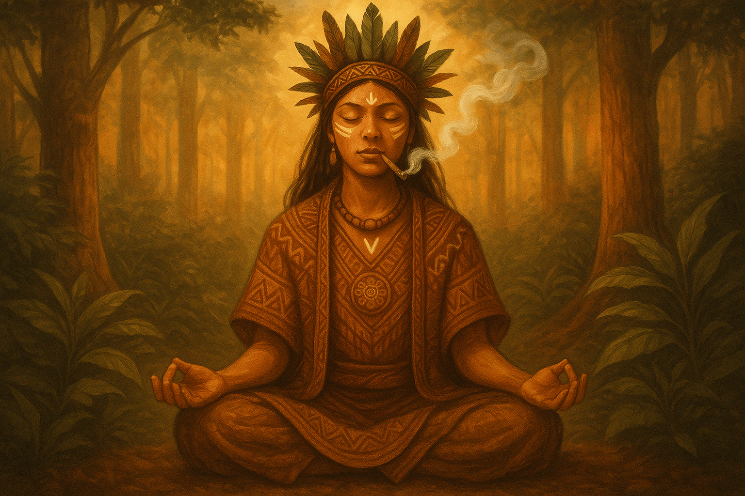 Persona en postura meditativa con kuripé, aplicando diferentes tipos de Rapé para meditar en un entorno natural y espiritual