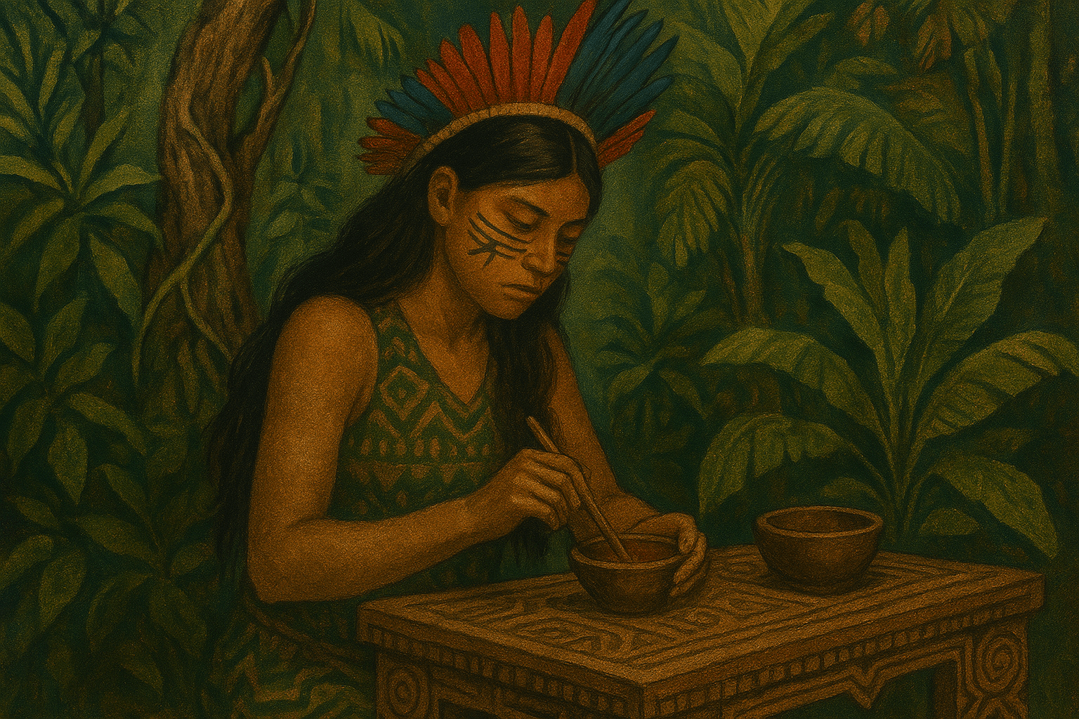 Diferentes frascos de rapé con plantas amazónicas sobre altar natural con luz tenue