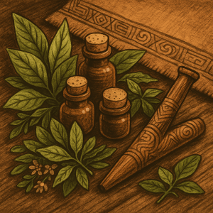 Labeled rapé bottles beside medicinal leaves and handcrafted kuripe on rustic wooden surface. hapé snuff blends
